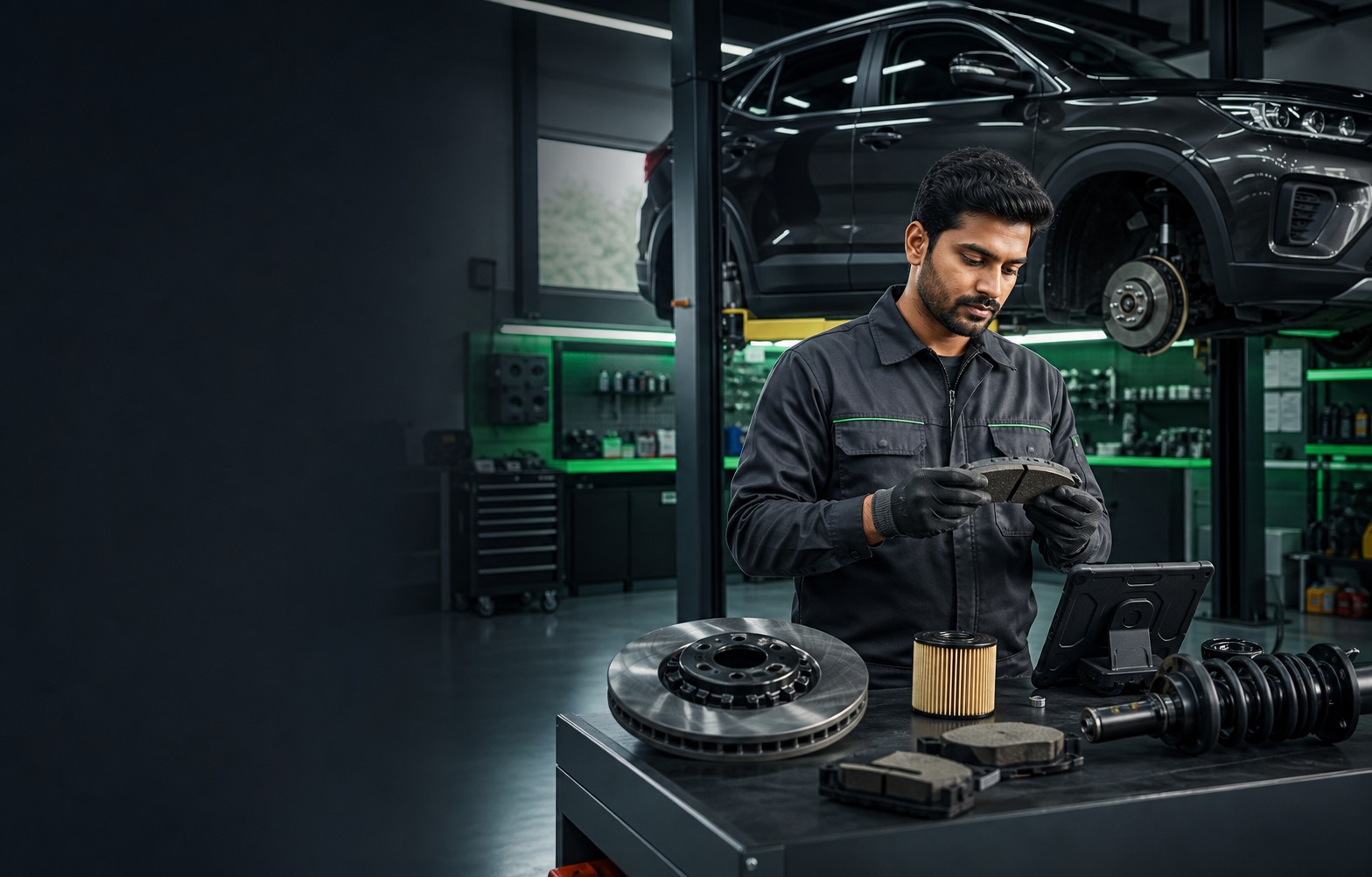 Mechanic sourcing automotive spare parts in a modern workshop